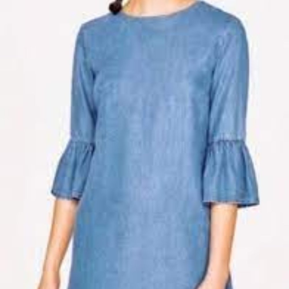 Zara Woman Chambray Trumpet Sleeve Dress Small - Picture 2 of 5